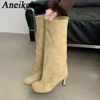 Aneikeh mode bout carré moto genou haut bas talons fins bottes femmes automne hiver femme chaussons longs Zapatos De Mujer
