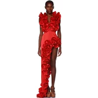 2024 New Women's Sexy V-neck Red Gorgeous Pleated Swimsuit and Asymmetric Skirt Set Vacation Bikini Two Piece Swimsuit