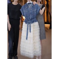 Temperament Denim Top With Belt Lace Mesh Skirt Two Piece Set Korean Commuter Style Fashion Short Sleeve Dress Sets For Women