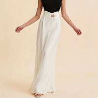 Women White Spring Summer High Waist Maxi Skirt Satin Fabric Gold Accent Button Pleated A-Line Flowy Elegant Office Party Date V