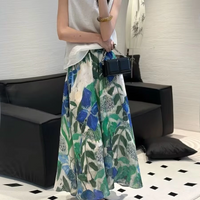 Summer New Retro Floral Midi Skirt for Women with High Waist Temperament Elastic Waist Medium Length A-line Skirt
