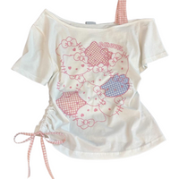 Women Sanrio Hello Kitty Girl Short Sleeved Summer Kawaii Fashion Shoulder Off Tops Y2K Hot Woman Cartoon Anime Leisure Clothes