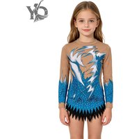 Girls' Blue Gymnastics Leotard Performance Costume LongSleeve Rhinestone Embellished Stylepecifically Competitions Dance Costum