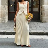 Two Pieces Women Dress Sets Solid Matching Set Button Sleeveless Coat Pleated Ankle Length Empire Waist Skirt Casual 2026 Summer