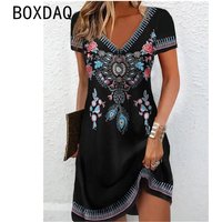 3D Vintage Elegant Ethnic Style Printed Dress Oversized Short Sleeve V-Neck Casual A-Line Knee-length Dress Vestidos