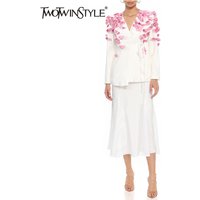 TWOTWINSTYL Hit Color Two Piece Set For Women V Neck Long Sleeve Spliced Appliques Coat High Waist Skirt Set Femle Fashion Style