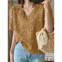 ZANZEA Summer Embroidered Openwork Blouses Women V-Neck Short Sleeve Hollow Out Lace Blusas Mujer Casual Fashion Solid Chemises