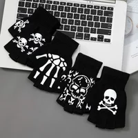 1 pair New Kids Halloween Skeleton Skull Half Finger Luminous Punk Gloves Winter Skull Fingerless Black Mitten