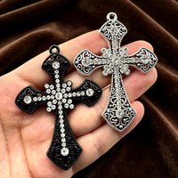 2Pcs Gothic Rhinestone Filigree Cross Charms Black Silver Crucifix DIY Jewelry Making Pendants Accessories