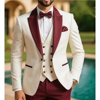 Ivory & Maroon 3 Pieces Men's Suit Custom Wedding Party Prom Business Tuxedo Tailor Made