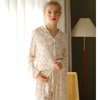 Women Two Pieces Spring Pajamas Suits Flower Print Long Sleeve Viscose Pijama Turn Down Collar Tops With Pants Satin Pajamas