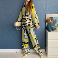 Print Women's Pajama Set Oversize Green Ladies Summer Sleepwear Trouser Suit Long Sleeve Vintage Pijama Suit For Female 2024