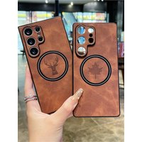 Leather Deer Maple Phone Case For Magsafe Samsung Galaxy S25 Edge S24 S23 Plus Ultra FE Magnetic Wireless Charging Back Cover