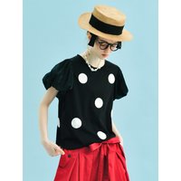 Women's Black Top Short Sleeve Round Neck White Polka Dots Puff Sleeves Casual Daily Wear Stylish Comfort 255046