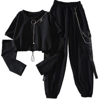Frühling Herbst Frauen Harajuku Cargo Hosen Hübsche Kühle Zwei-stück Anzug Kette Langarm + Band Hosen