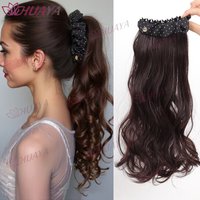 Women's Synthetic Polka Dot Bow Banana Claw Clip Ponytail Wig, Long Wavy Heat-Resistant Fiber Fluffy Fake Ponytail Hair Extensio