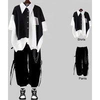New Men Streetwear Two-piece Suit Splice Chain Long Sleeve+Ribbon Chain Pants Harajuku Cargo Pants 2 Piece Sets Mens Outfits