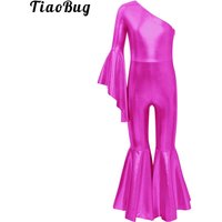 Kids Girls Bronzing Hippie Costume One Shoulder Metallic Shiny Jumpsuit Bell Bottom Full Bodysuit Ballet Jazz Dance Costumes