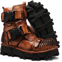 Fashion Genuine Leather Men's Buckle Strap Goth Skull Motorcycle Boots Winter Retro Western Cowboy Mid-calf Riding Boots