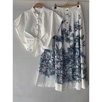 Retro printed women's suit lapel single-breasted hem lace-up shirt+high waist skirt summer new temperament two-piece dress