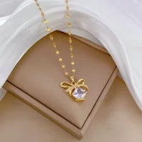 Stainless Steel Shiny Clear Zircon Bow Lock LOVE Pendant Necklace For Women Girls Clavicle Chain Birthday Party Jewelry Gifts