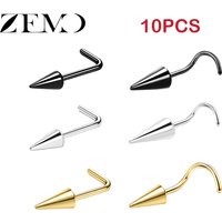 ZEMO 10PCS/Lot 20G Long Shape Spike Nose Studs Stainless Steel L/S Shape Nose Ring Cone Nostril Seputm Piercing Jewelry 6/8/10MM