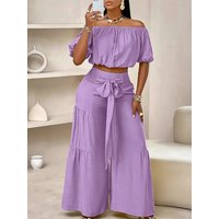 Sexy One-Shoulder Short-Sleeve Top Wide-Leg Pants Set Floor-Length Holiday Style Two-Piece Women's Summer Fashion Ensemble
