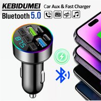 KEBIDUMEI Bluetooth 5.0 FM Modulator 66W 4 Ports PD+3.1A Quick Charge USB Music Handsfree Car Kit with RGB Ambient Light
