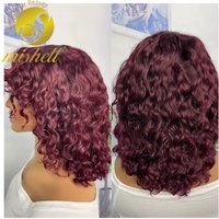 200% Density 99J Burgundy Full Machine Made Water Wave Wig with Bangs Short Jerry Curly Human Hair Bob Wigs 12inch for Women