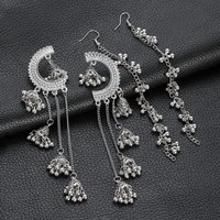 Ethnic Silver Color Long Indian Earrings Women's Pendient Fashion Fan Shape Geometric Bell Tassel Earrings Ladies Jewelry