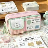 1pc Cute Multi Pocket Pencil Case Large Capacity Pen Bag with Cat Patches for Daily Use and Stationery Organization