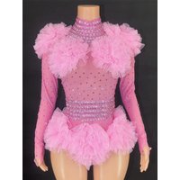 Women Sexy Transparent Rhinestones Bodysuit Sexy Tight Mesh Ruffles Performance Dancer Singer Costume Nightclub Stage Outfit