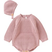 Hautfreundliche Langarm-Baby-Frühlings- und Herbst-Strampler und Strickmütze, zweiteilige Kleidungssets für 0–18 Monate Neugeborene