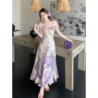 plus Size Floral Print Pleated V-Neck Summer Dress Women's High Waist A-Line Skirt Korean Style Commute Wind Short Sleeve Dress