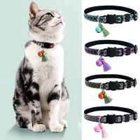 Cat Collar Adjustable Polyester Jacquard Pattern Pet Collar with Bell and Tassel Decoration for Cats and Small Dogs To Keep Lost