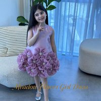 Meadow Lavender Satin Princess Girls Dress Sleeveless First Communion Gown 3D Flowers Children Birthday Wedding Dresses