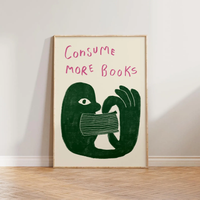 Retro Book Wall Art Reading Print Gift For Book Lovers Hand Drawn Illustration Wall Art Consume More Books Print, Cool Liter