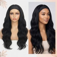 Heat Resistant Synthetic Hair Headband Wig 28 Inch Long Bob Wavy Black No Glue Wigs Daily Dating Cosplay