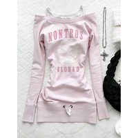 Y2K Style Women's Pink Fake Two-Piece Sweatshirt Off Shoulder Letter Graphic Slim Fit Top American 2000s Grunge Sweet Girls