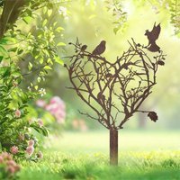 2D Flat Iron Garden Stake Rust-covered Heart Sculpture Rustic Birds & Branches Single Piece Outdoor Decor