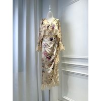 2026 Women Lace Patch Floral Print Set V-Neck Flare Sleeve Top + High Waist Asymmetry Hem Long Skirt Elegant 100% Silk Suit