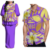 Customized Design Branco Ladies Puletasi Vestido Samoan Print Polynesian Puff Half Sleeve Long Maxi Vestido Back Slit Vestido 2 peças
