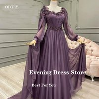 OLOEY 2025 Dark Purple Silk Chiffon Prom Dresses Long Sleeves 3D Flowers Beads Saudi Arabic Women Formal Evening Gowns Vestidos