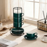 1Set 3oz Ceramic Coffee Cup & Saucer with Black Iron Stand - Premium Tea/Coffee Set for Afternoon Tea, Family Gatherings