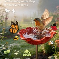 Butterfly Bee Birds Bath Bowl with Flower Design Butterfly Feeder Decorative Metal Flower Garden Stake for Outdoor Yard Decor