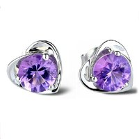 925 Sterling Silver Luxurious Silver/Purple Heart Shaped Zircon Stud Earrings for Women Fashion Wedding Party Jewelry