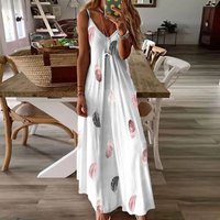 Hot selling sleeveless slim fit feather print low cut V-neck strap large hem long skirt