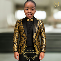 Premium Boys Jacquard Suit 3 piece Set Gold Floral Jacket Pants Vest Wedding Kids Formal Style Tailored Slim Fit Tuxedo