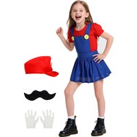 Girls Plumber Costume Dress with Button Suspenders Hat Gloves Mustache for Game Cosplay Role Play Red Green