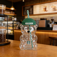 Starbucks Cute Bear Water Cup 591ml Clear Glass Cup Food Grade Silicone Lid Eco Straw Iced Coffee Great Holiday Gift